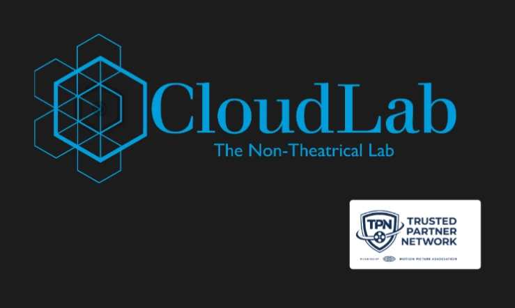 CloudLab logo with tagline 'The Non-Theatrical Lab' featuring a blue hexagonal geometric design on a dark background, alongside the Trusted Partner Network (TPN) certification badge from the Motion Picture Association.