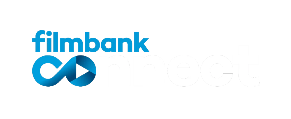 Filmbank Connect logo with bold white and blue typography, featuring an infinity-shaped play button icon symbolizing digital film streaming and content distribution.