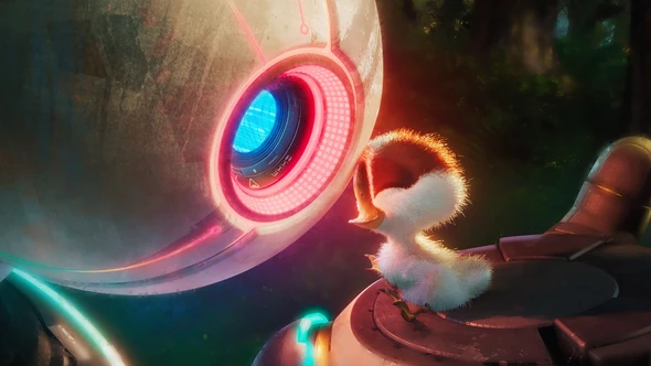 Roz, the wild Robot is tenderly pressing his forehead against the little gosling