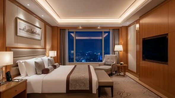 A luxurious hotel room with a large TV screen facing the bed