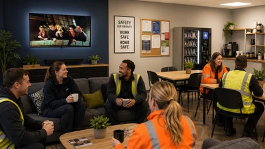 Warehouse employees are relaxing in the staff room around a coffee table and Friends is showing on a TV on the wall